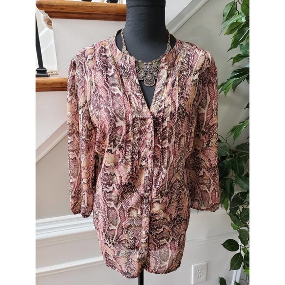 Liz Claiborne Women Multicolor 100% Polyester Long Sleeve Buttons Front Blouse L - Picture 2 of 10